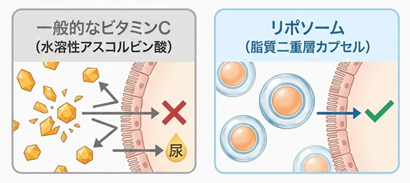 一般的なビタミンCとリポソームビタミンCのイメージ比較